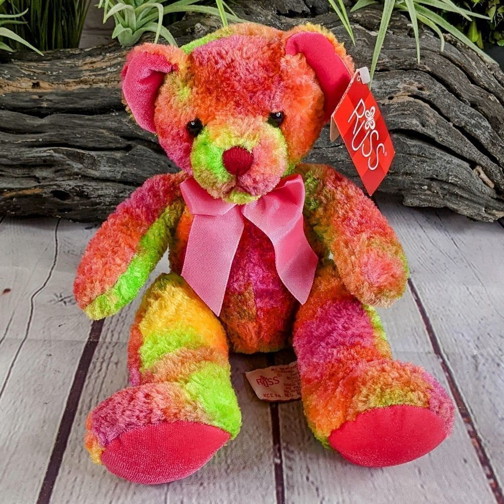 NWT - Russ Berrie Girl Power Plush Bear Tie Dye Rainbow Confetti 10" Teddy Bear
